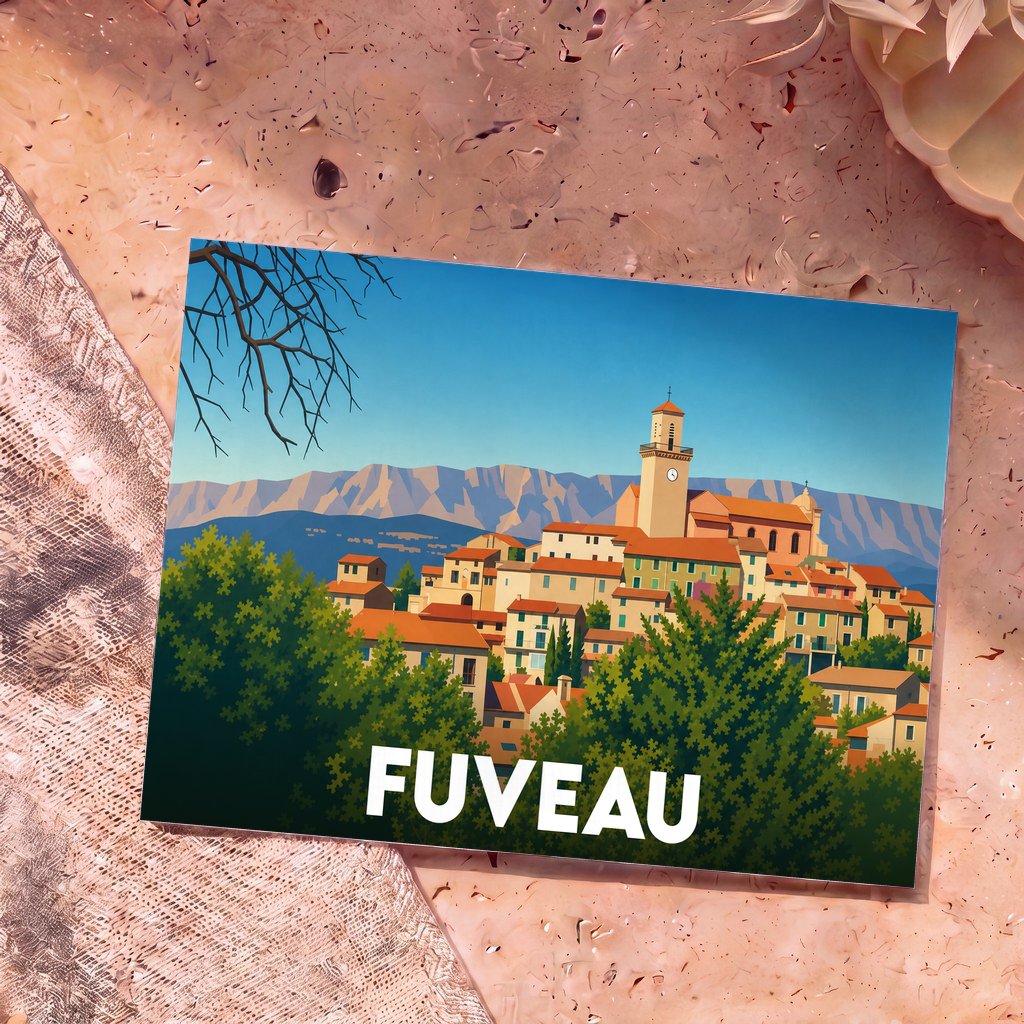Carte postale souvenir de la ville de Fuveau avec une illustration stylisée d'un village provençal niché au pied des montagnes.