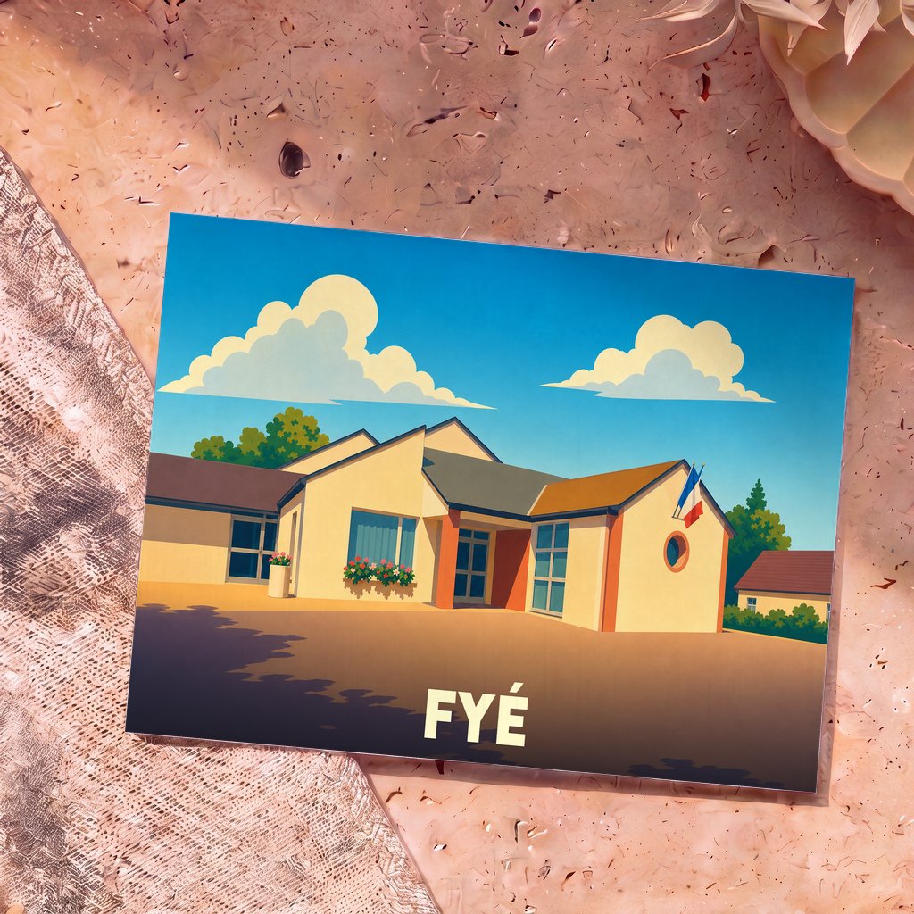 Carte postale souvenir de la ville de Fyé avec une illustration stylisée de sa mairie.