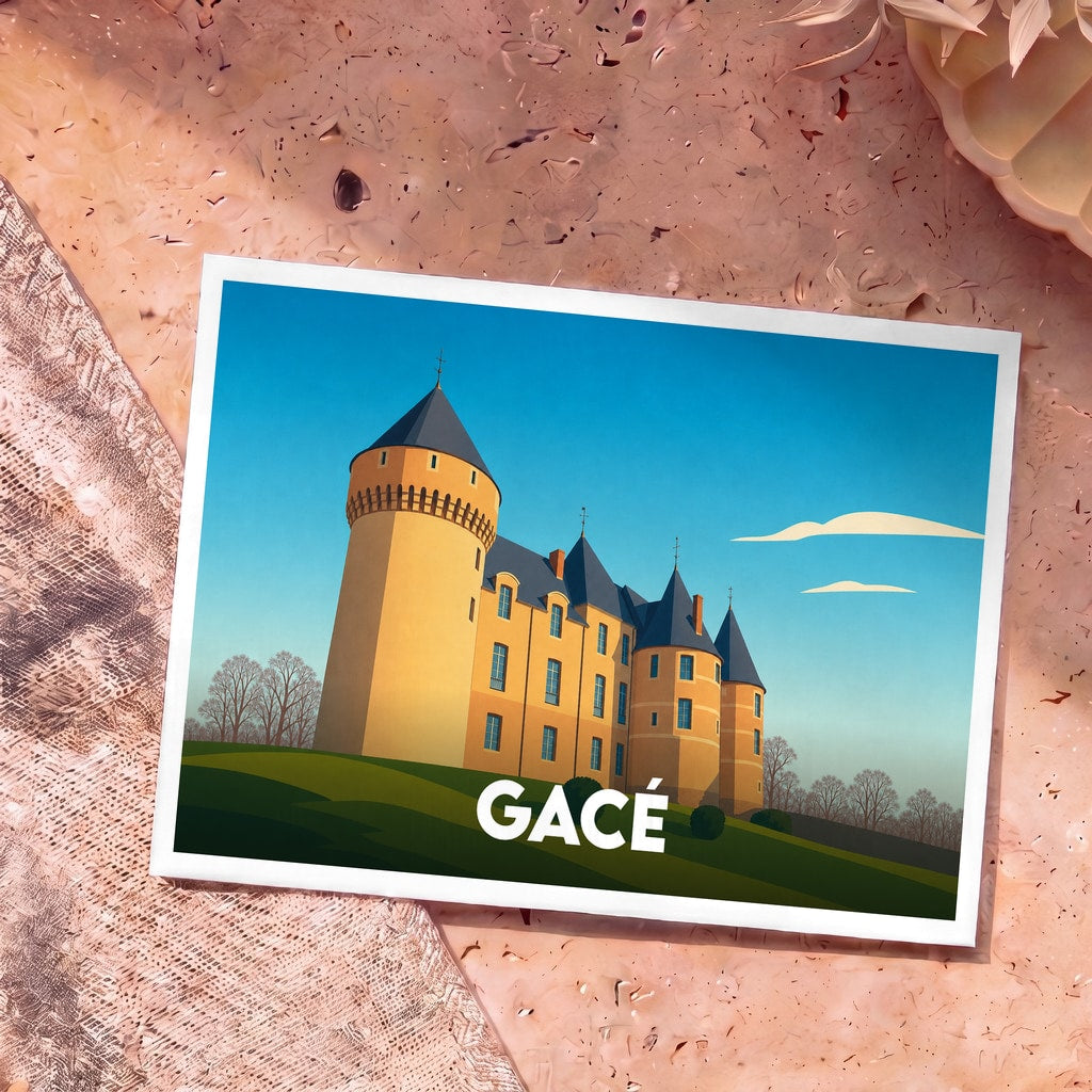 Carte postale souvenir de la ville de Gacé illustrant son château dans un style épuré et coloré.