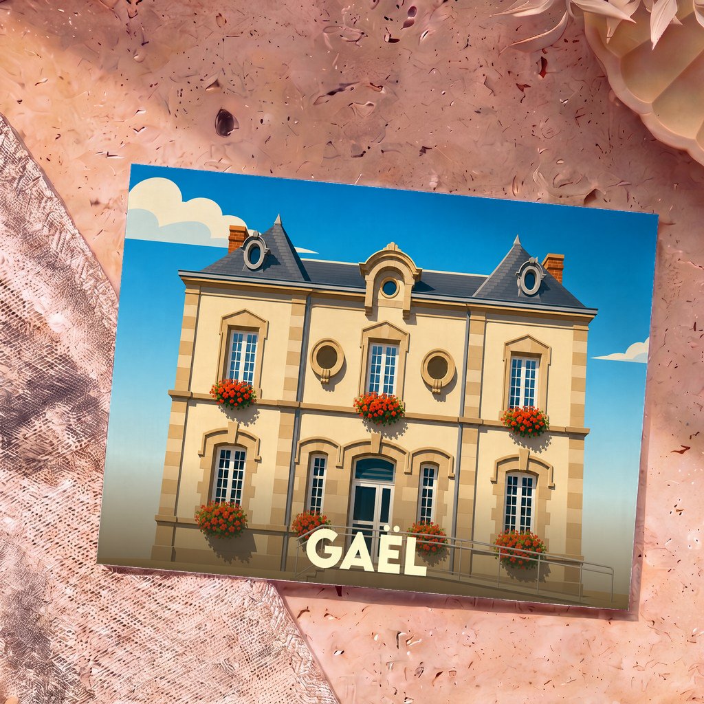 Carte postale souvenir de la ville de Gaël avec une illustration stylisée d'un bâtiment traditionnel fleuri.