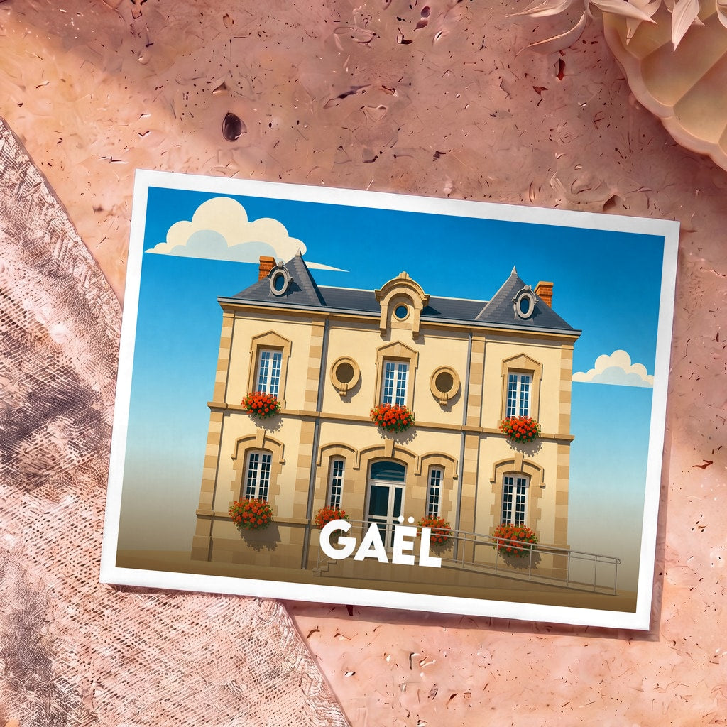 Carte postale souvenir de la ville de Gaël avec une illustration stylisée d'un bâtiment traditionnel fleuri.