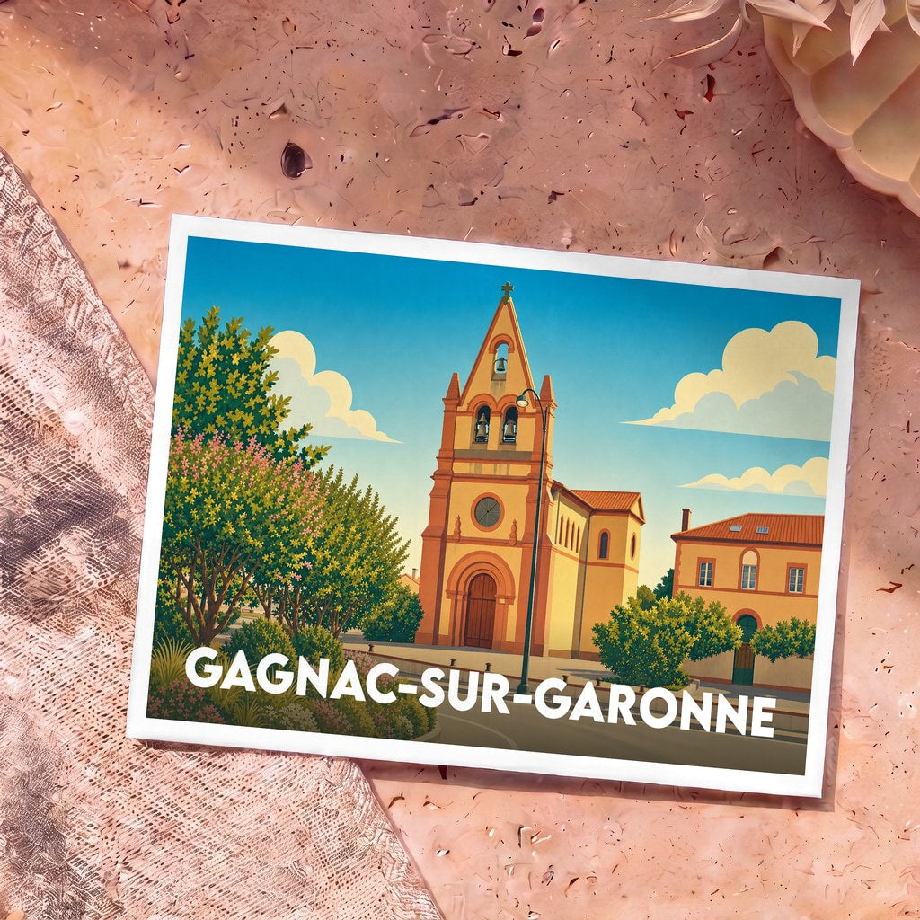 Carte postale souvenir de la ville de Gagnac-sur-Garonne avec une illustration stylisée de son église sous un ciel bleu.