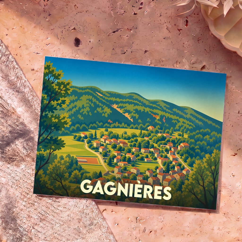 Carte postale souvenir de la ville de Gagnières avec une illustration stylisée d'un village niché dans les montagnes.