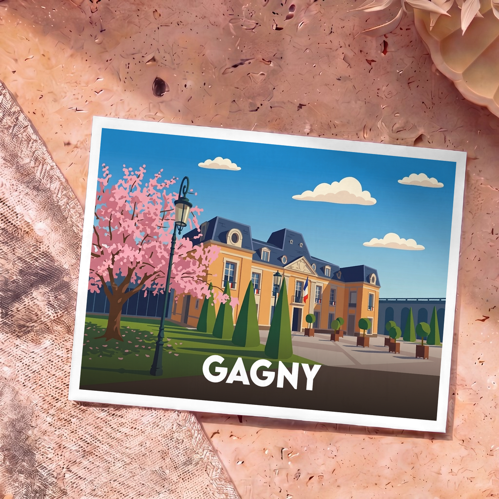 Carte postale souvenir de la ville de Gagny avec une illustration stylisée de l'hôtel de ville et d'un cerisier en fleurs.