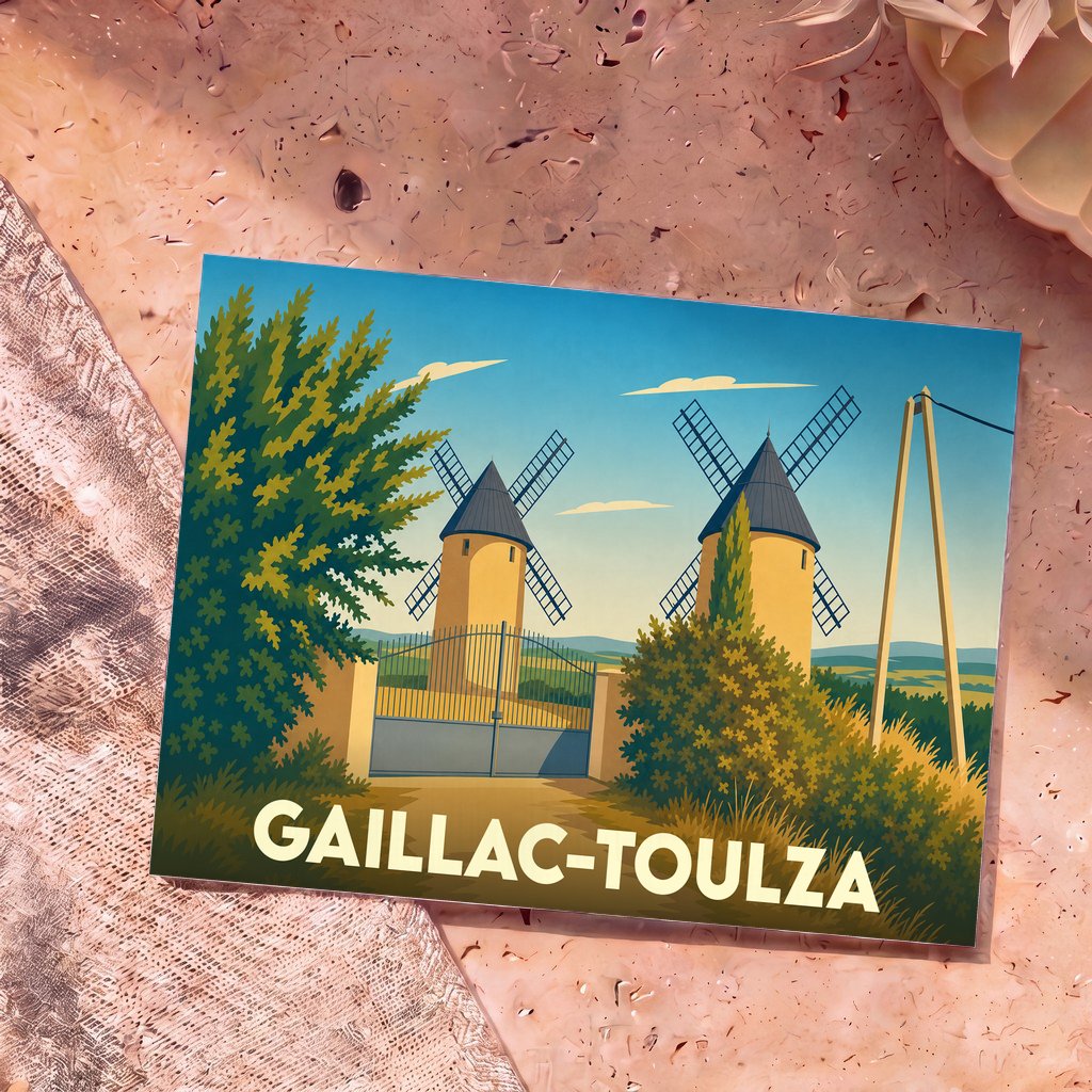 Carte postale souvenir de la ville de Gaillac-Toulza illustrant deux moulins à vent traditionnels dans un style rétro.