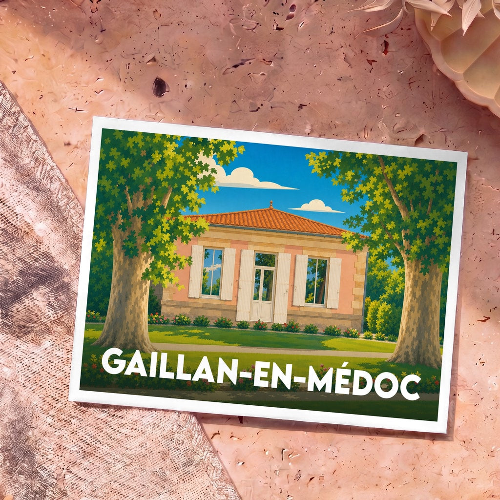 Carte postale souvenir de la ville de Gaillan-en-Médoc avec une illustration stylisée d'une maison girondine sous des platanes.