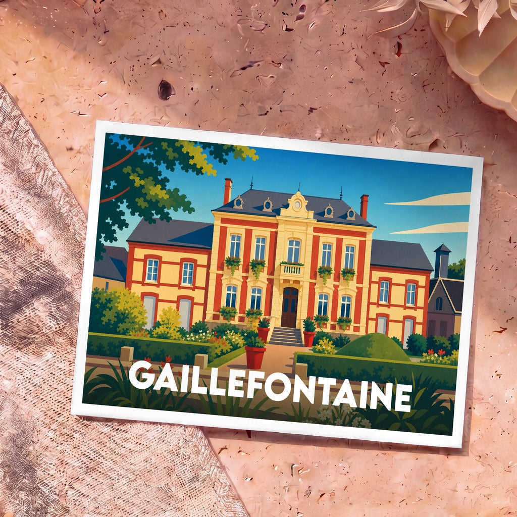 Carte postale souvenir de la ville de Gaillefontaine ornée d'une illustration stylisée de sa mairie.