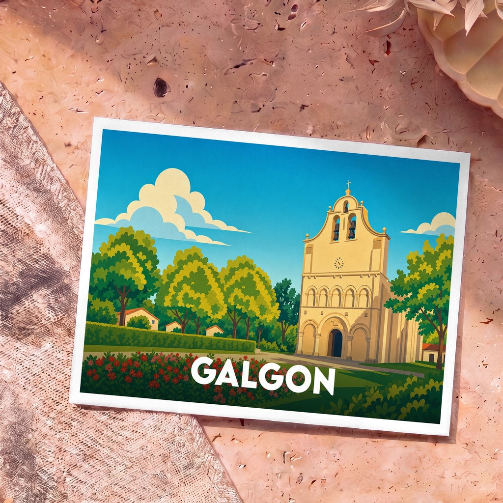 Carte postale souvenir de la ville de Galgon représentant son église dans un style illustré et coloré.