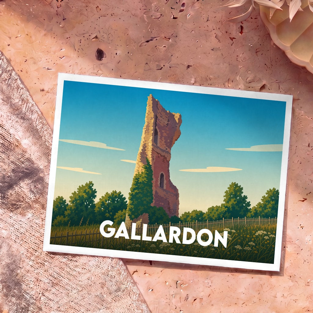 Carte postale souvenir de la ville de Gallardon avec une illustration stylisée de la tour de l'Épaule.