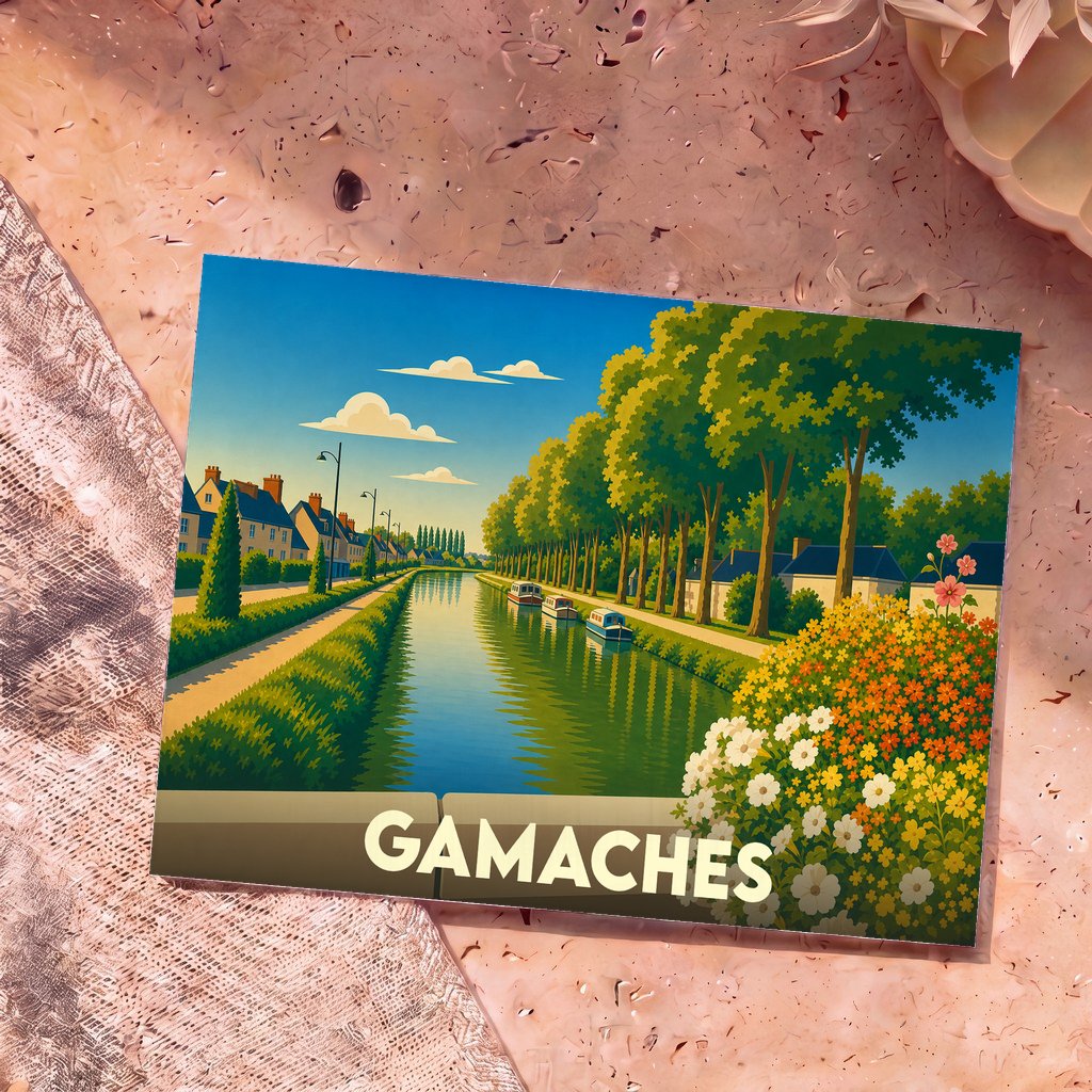 Carte postale souvenir de la ville de Gamaches avec une illustration stylisée d'un canal bordé d'arbres et de maisons.