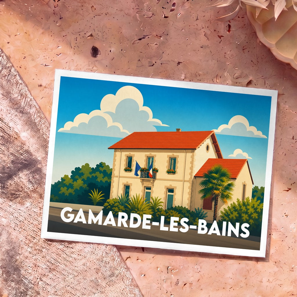 Carte postale souvenir de la ville de Gamarde-les-Bains avec une illustration stylisée d'une maison landaise sous un ciel bleu.