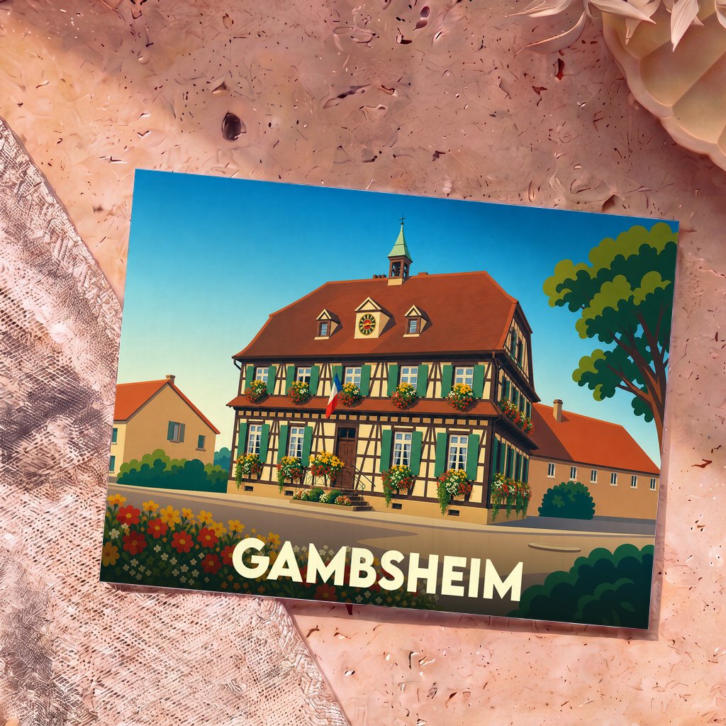 Carte postale souvenir de la ville de Gambsheim avec une illustration stylisée d'une maison traditionnelle alsacienne à colombages.