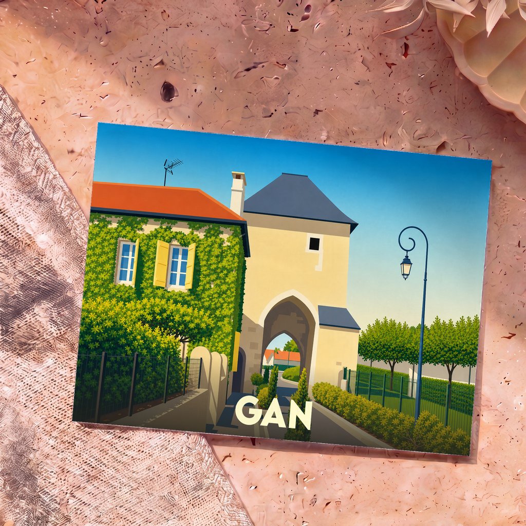 Carte postale souvenir de la ville de Gan avec une illustration stylisée de sa porte médiévale.