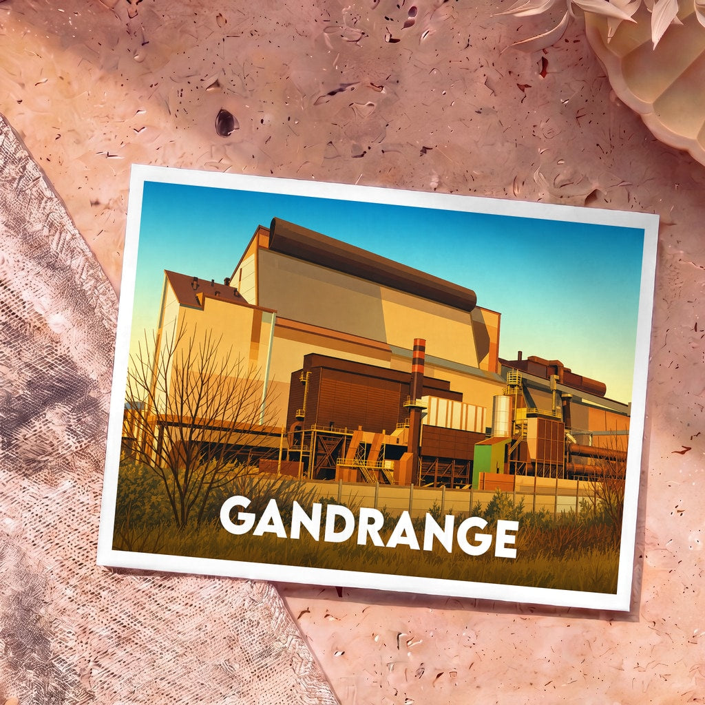 Carte postale souvenir de la ville de Gandrange avec une illustration stylisée de son site industriel.