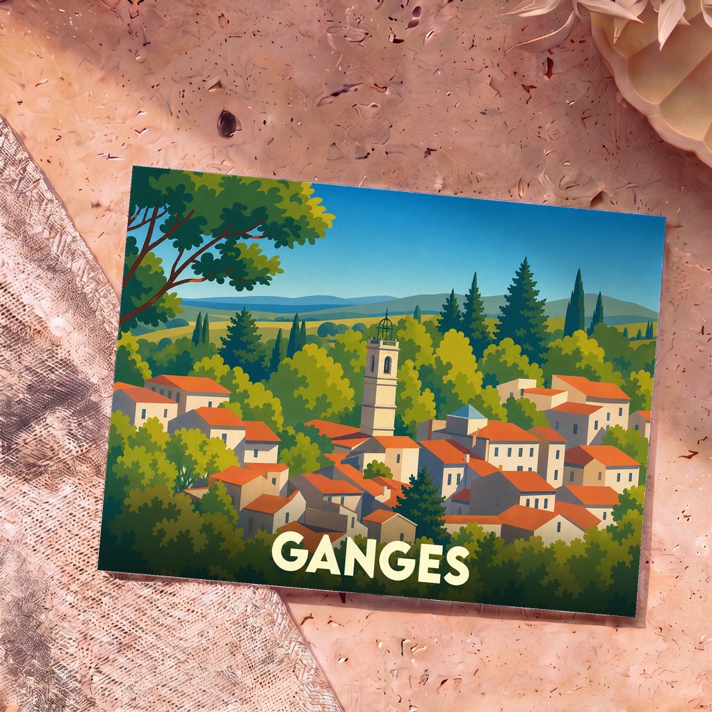 Carte postale souvenir de la ville de Ganges avec une illustration stylisée d'un village pittoresque niché dans la verdure.
