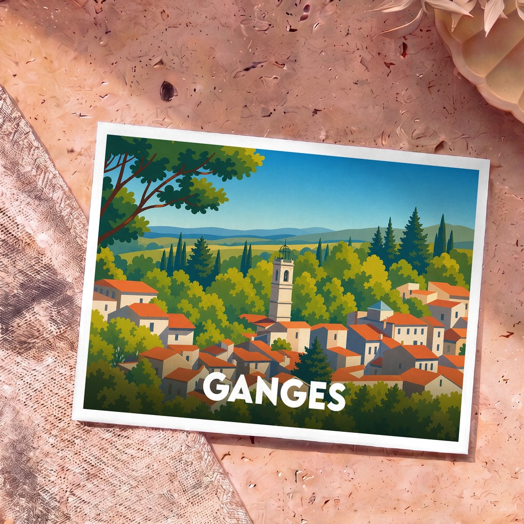 Carte postale souvenir de la ville de Ganges avec une illustration stylisée d'un village pittoresque niché dans la verdure.