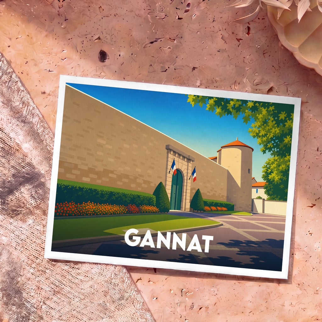 Carte postale souvenir de la ville de Gannat avec une illustration stylisée de son château.