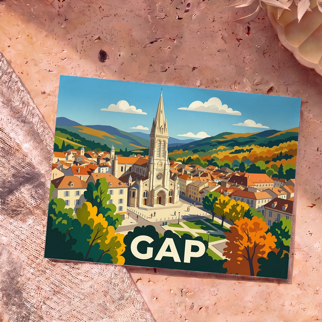 Carte postale souvenir de la ville de Gap illustrant sa cathédrale et ses paysages montagneux dans un style graphique coloré.