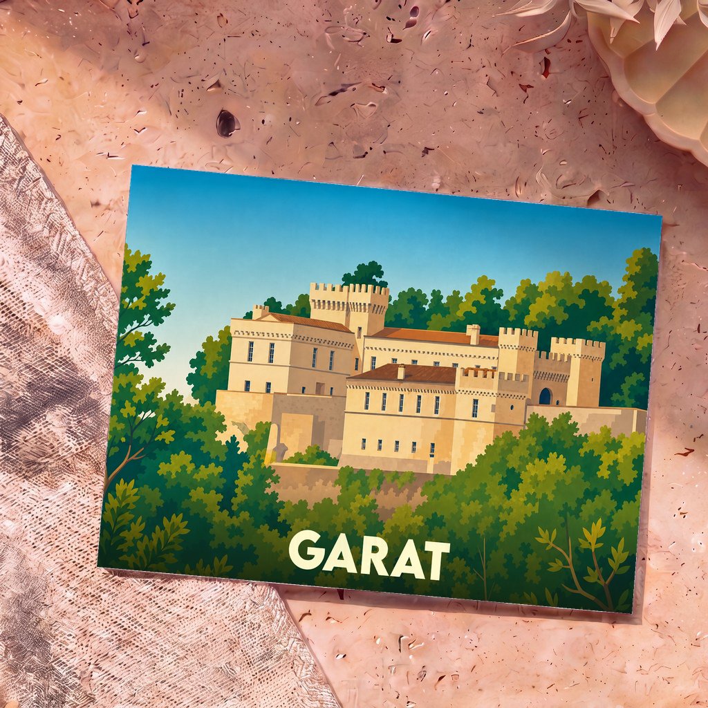 Carte postale souvenir de la ville de Garat illustrant son château dans un style graphique épuré.