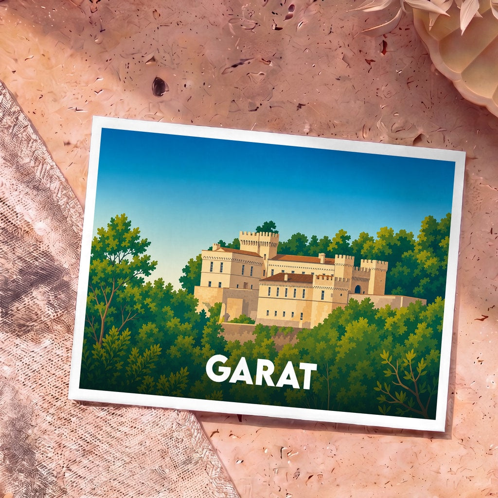 Carte postale souvenir de la ville de Garat illustrant son château dans un style graphique épuré.