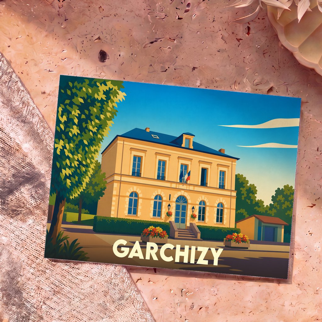 Carte postale souvenir de la ville de Garchizy avec une illustration stylisée de sa mairie.