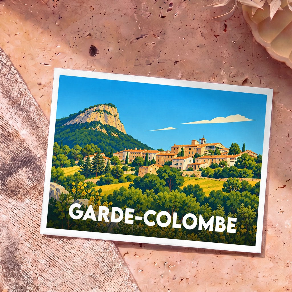 Carte postale souvenir de Garde-Colombe avec une illustration stylisée du village au pied de la montagne.