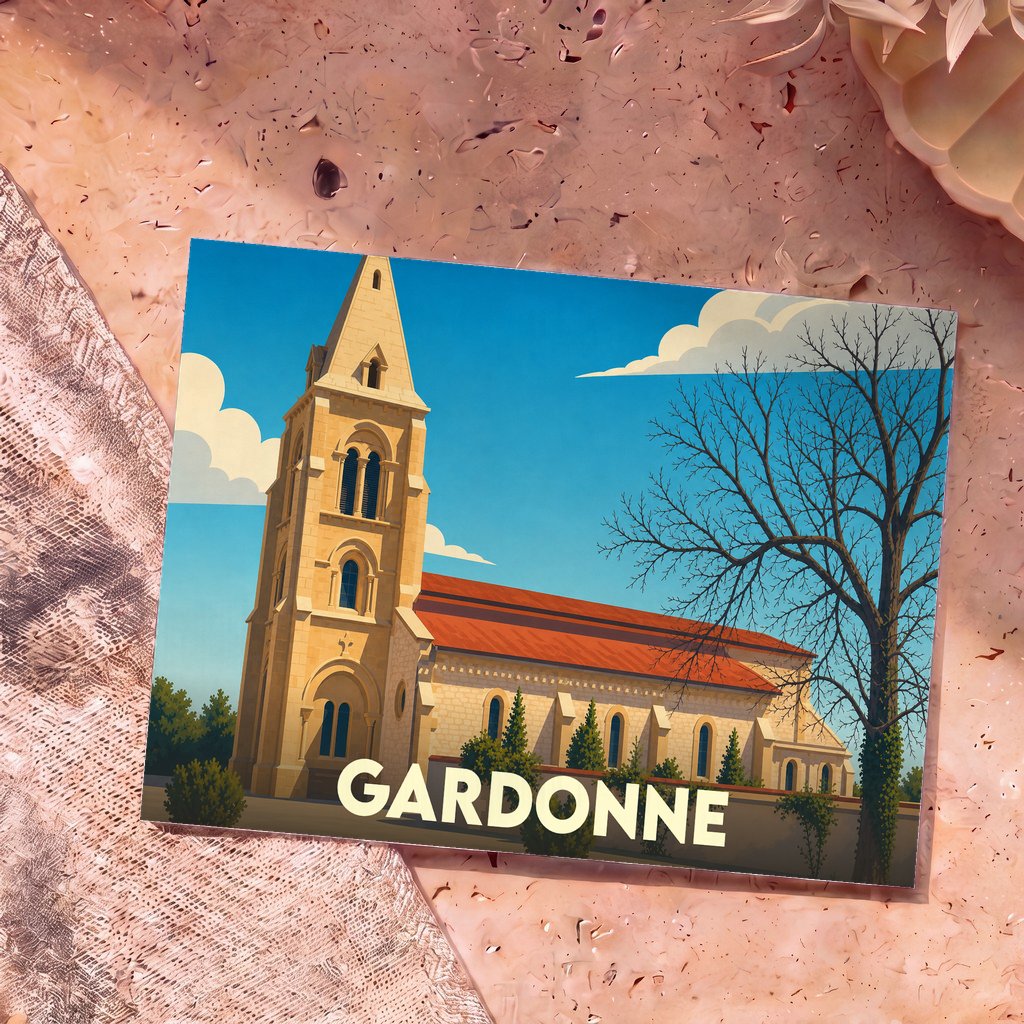 Carte postale souvenir de la ville de Gardonne avec une illustration stylisée de son église sous un ciel bleu.