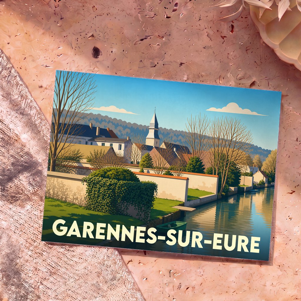 Carte postale souvenir de la ville de Garennes-sur-Eure avec une illustration stylisée.