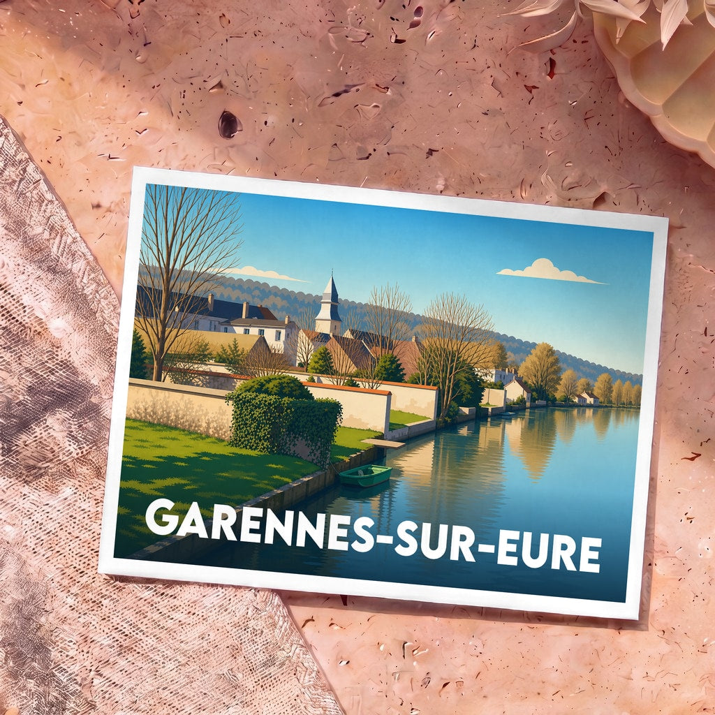 Carte postale souvenir de la ville de Garennes-sur-Eure avec une illustration stylisée.