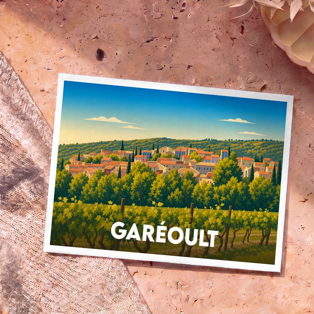 Carte postale souvenir de la ville de Garéoult avec une illustration stylisée d'un vignoble et d'un village provençal.