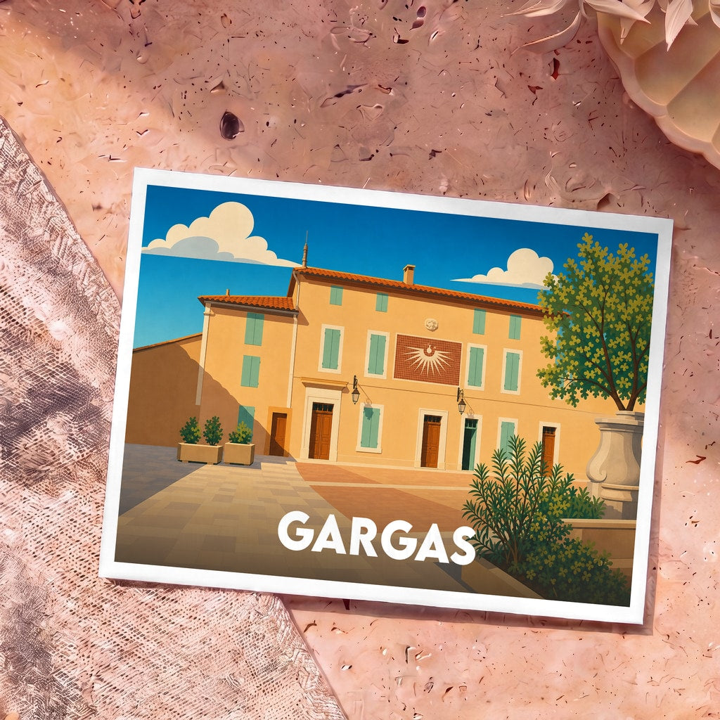 Carte postale souvenir de la ville de Gargas avec une illustration stylisée.
