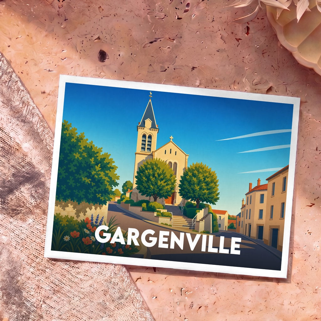 Carte postale souvenir de la ville de Gargenville avec une illustration stylisée d'une église sous un ciel bleu.