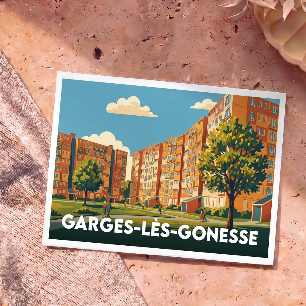 Carte postale souvenir de la ville de Garges-lès-Gonesse avec une illustration stylisée de ses immeubles emblématiques.