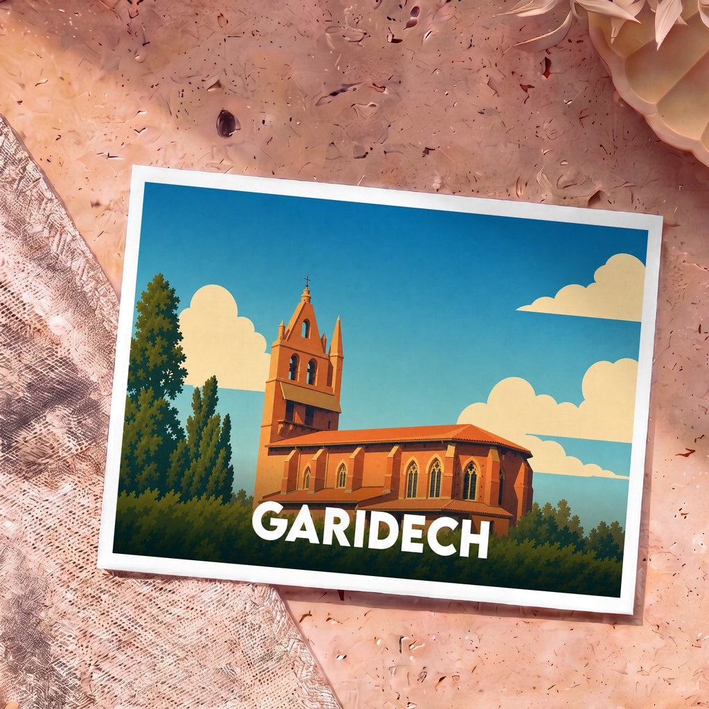 Carte postale souvenir de la ville de Garidech avec une illustration stylisée de son église en briques.