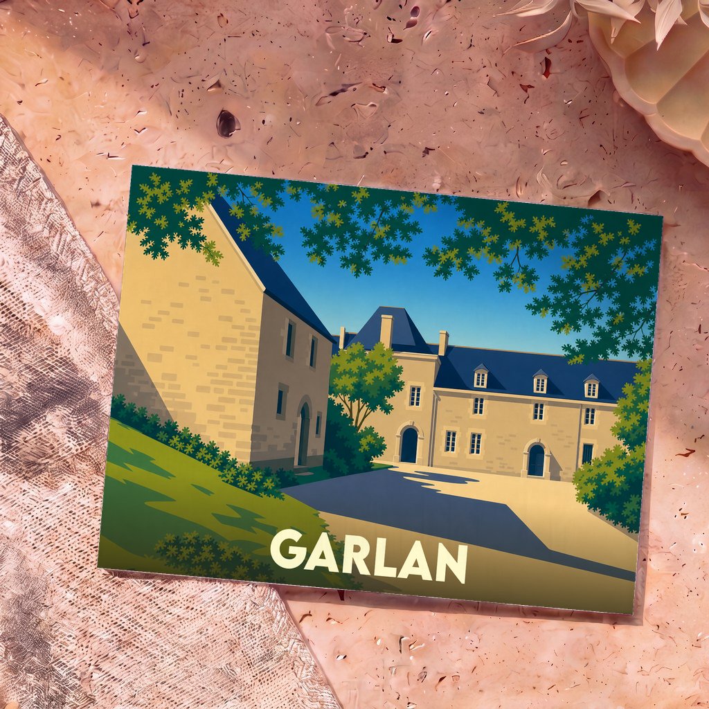 Carte postale souvenir de la ville de Garlan avec une illustration stylisée d'un manoir breton sous un ciel bleu.
