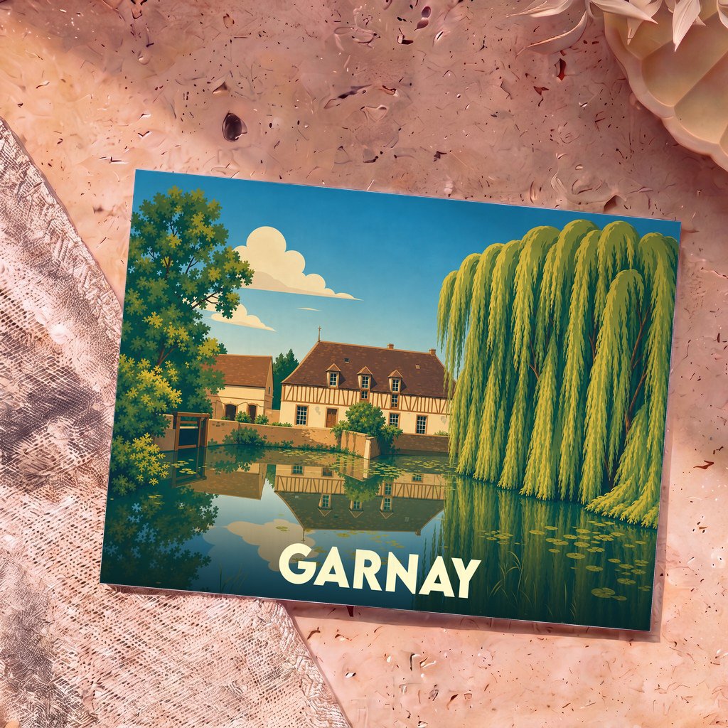 Carte postale souvenir de la ville de Garnay avec une illustration stylisée d'un manoir au bord de l'eau.
