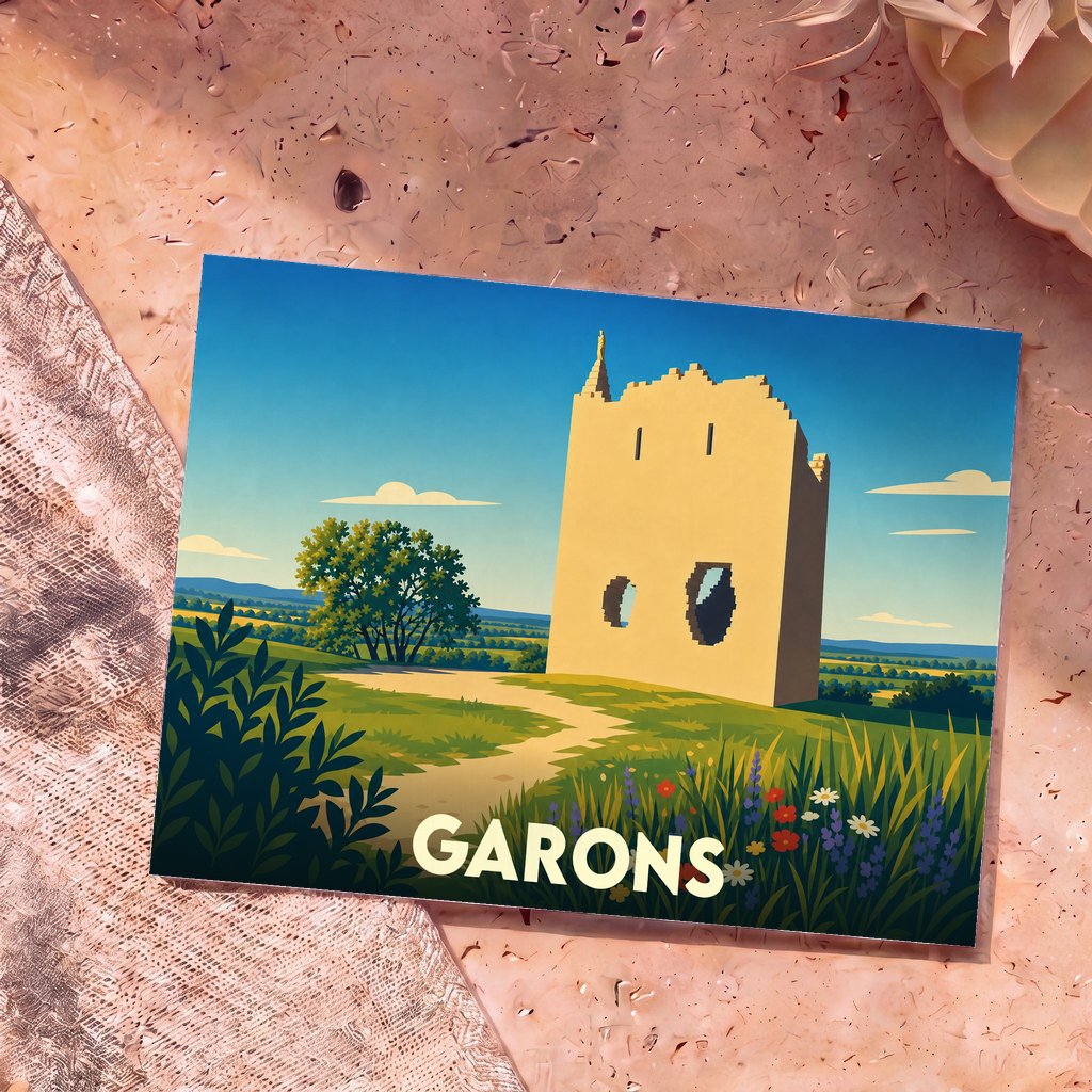 Carte postale souvenir de la ville de Garons avec une illustration stylisée d'une tour en ruine dans un paysage champêtre.