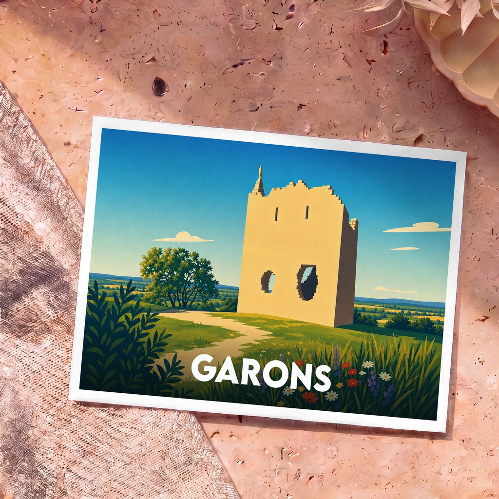 Carte postale souvenir de la ville de Garons avec une illustration stylisée d'une tour en ruine dans un paysage champêtre.