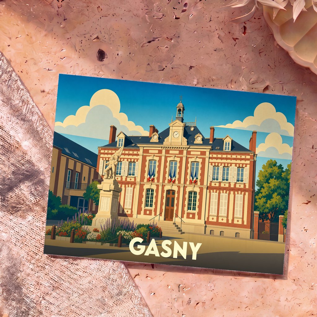 Carte postale souvenir de la ville de Gasny avec une illustration stylisée de sa mairie.