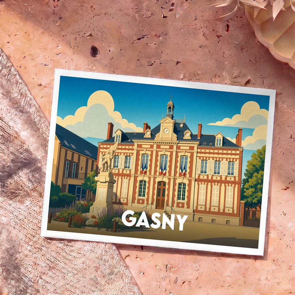 Carte postale souvenir de la ville de Gasny avec une illustration stylisée de sa mairie.