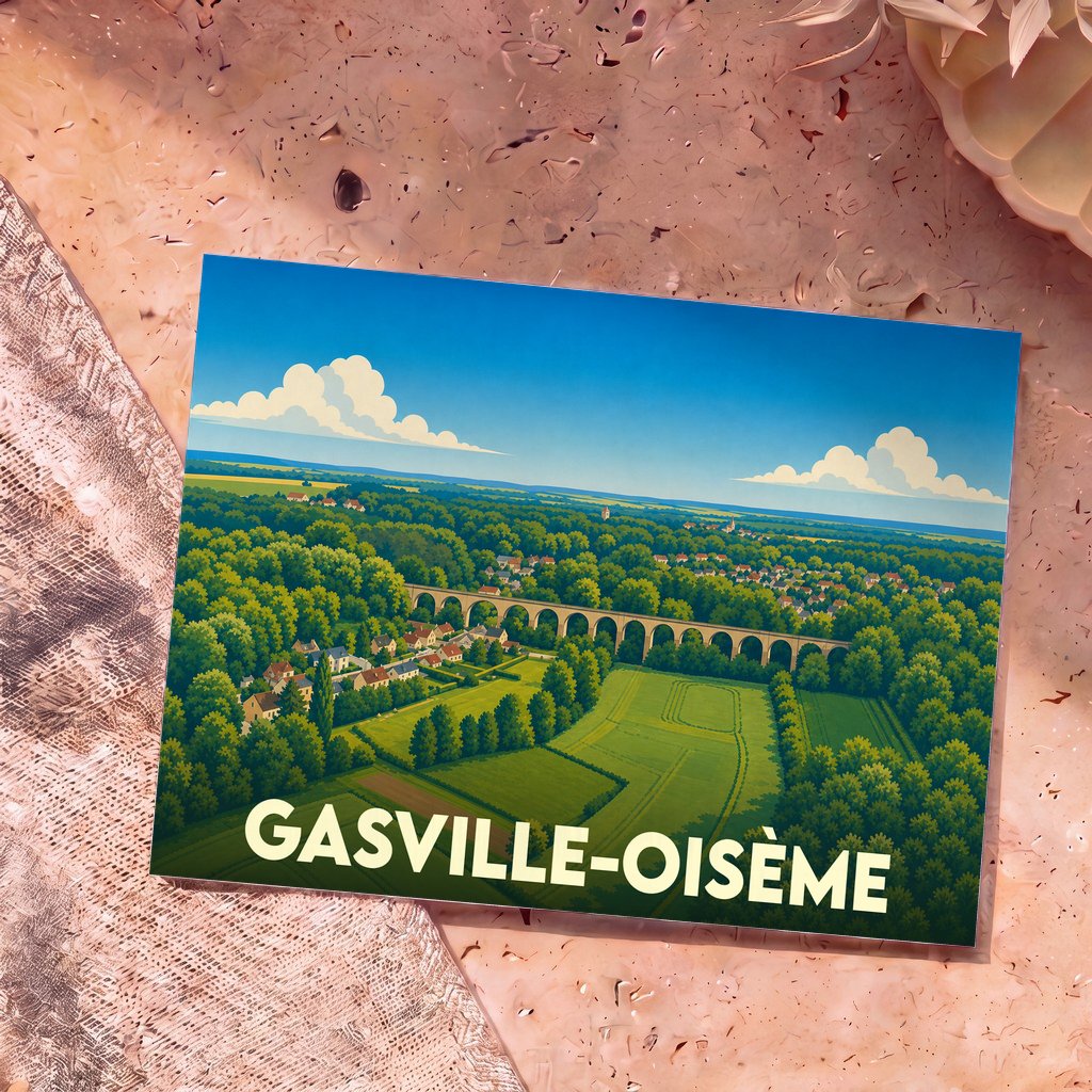 Carte postale souvenir de la ville de Gasville-Oisème avec une illustration stylisée d'un viaduc en pleine nature.
