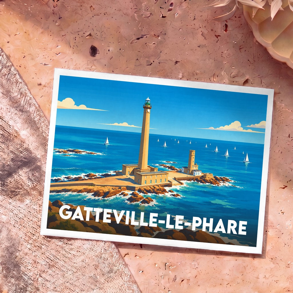 Carte postale souvenir de Gatteville-le-Phare avec une illustration stylisée du phare et de la mer.
