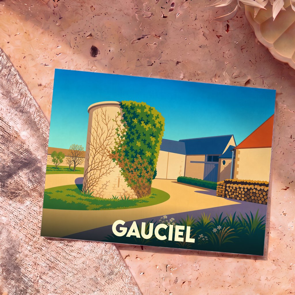 Carte postale souvenir de la ville de Gauciel illustrant un vieux pigeonnier couvert de lierre et une cour de ferme stylisée.