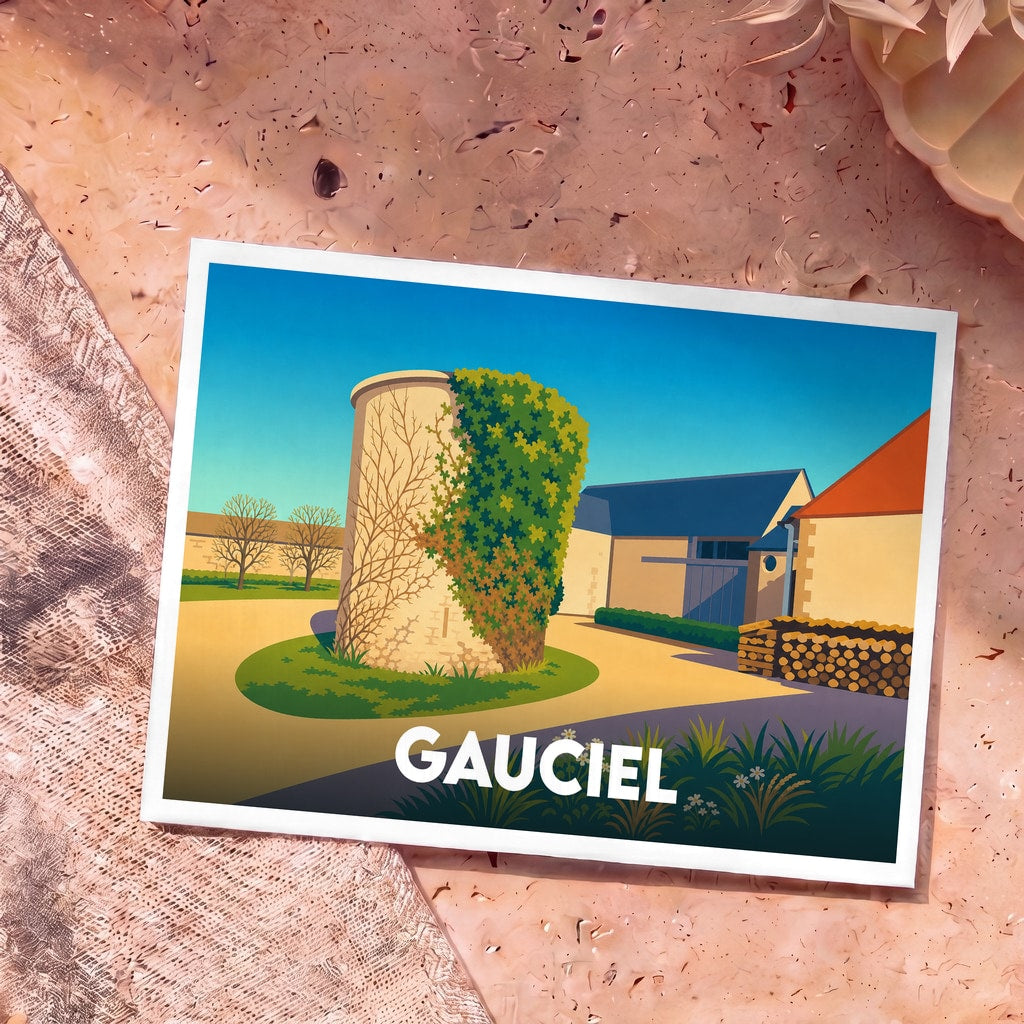 Carte postale souvenir de la ville de Gauciel illustrant un vieux pigeonnier couvert de lierre et une cour de ferme stylisée.