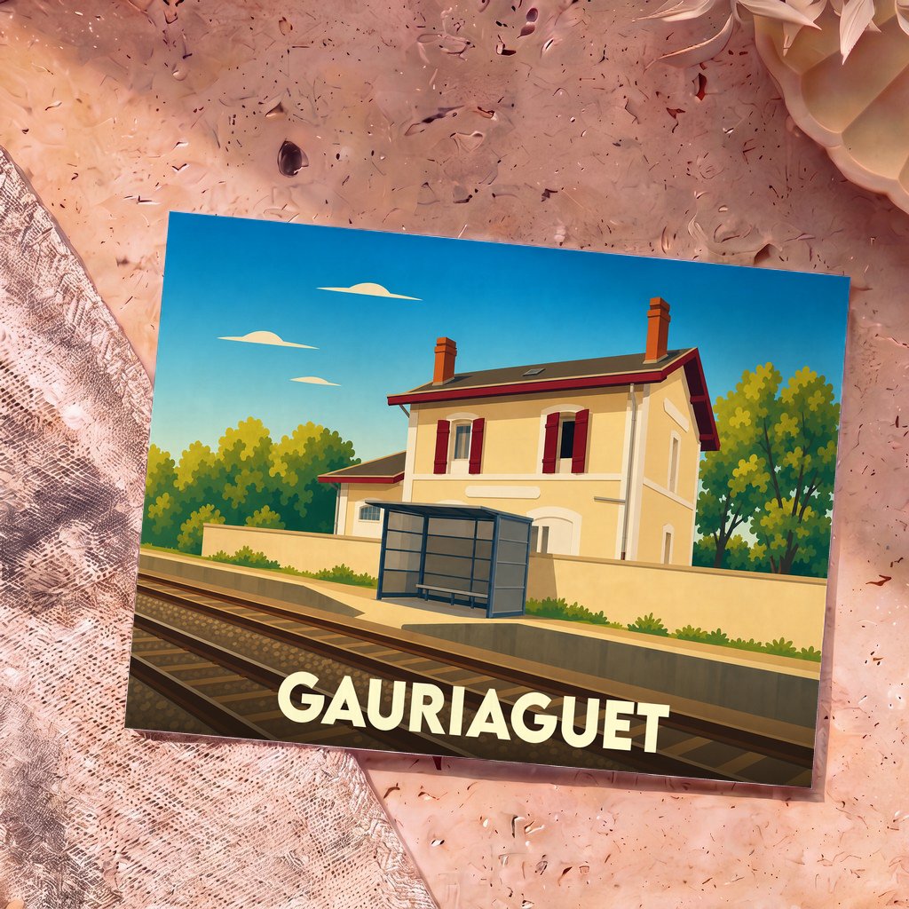 Carte postale souvenir de la ville de Gauriaguet avec une illustration stylisée d'une gare sous un ciel bleu.