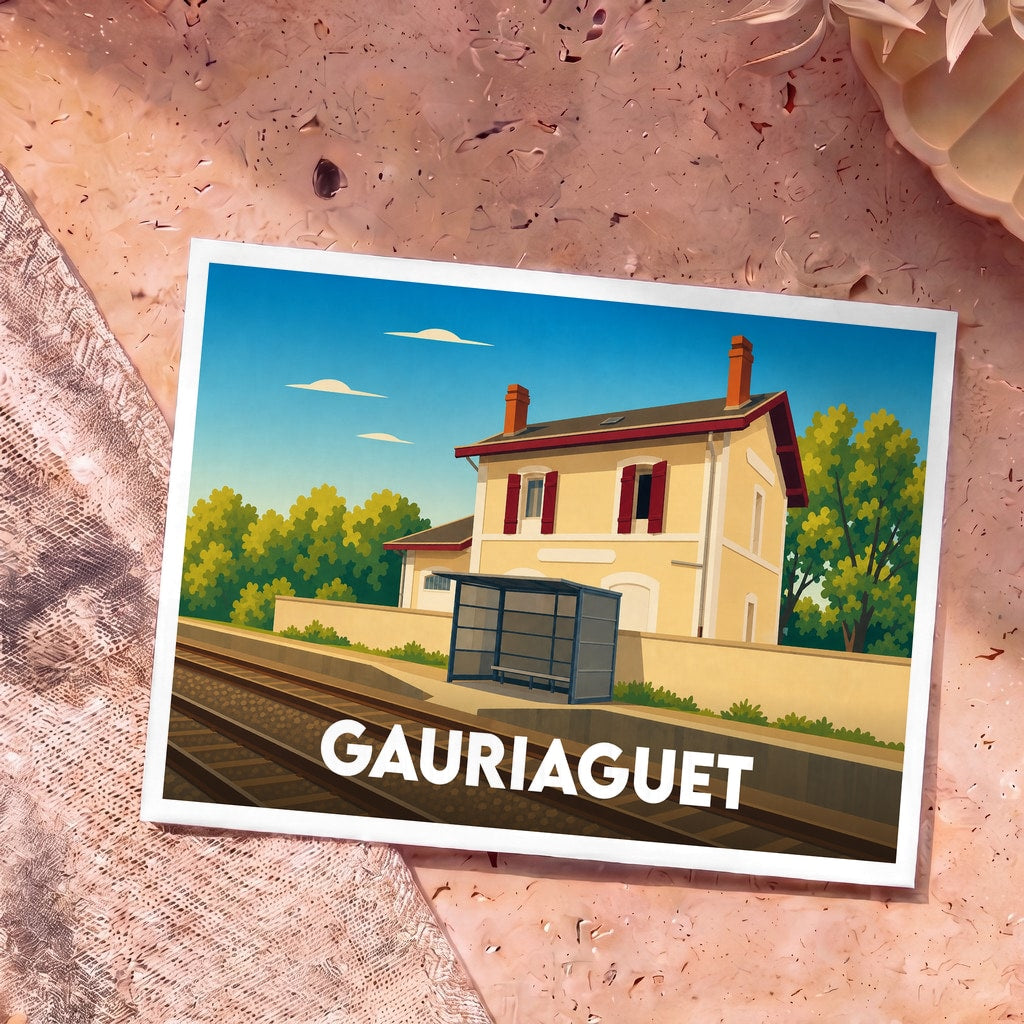 Carte postale souvenir de la ville de Gauriaguet avec une illustration stylisée d'une gare sous un ciel bleu.