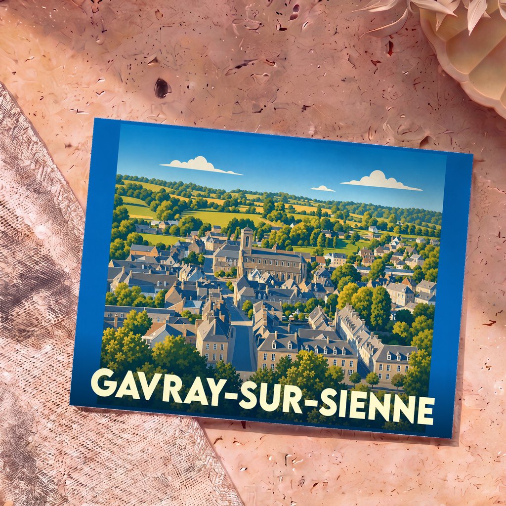 Carte postale souvenir de la ville de Gavray-sur-Sienne avec une illustration stylisée.