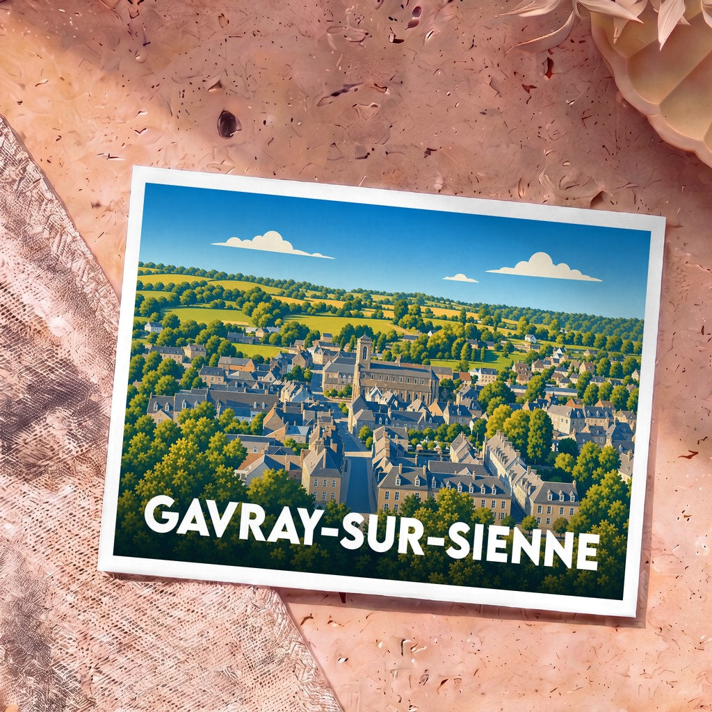 Carte postale souvenir de la ville de Gavray-sur-Sienne avec une illustration stylisée.