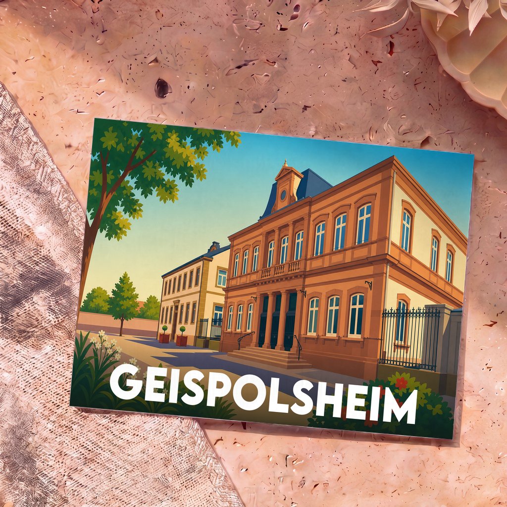 Carte postale souvenir de la ville de Geispolsheim avec une illustration stylisée de son architecture.