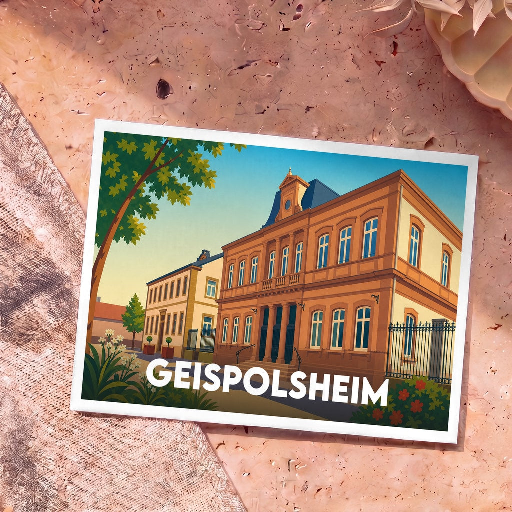 Carte postale souvenir de la ville de Geispolsheim avec une illustration stylisée de son architecture.